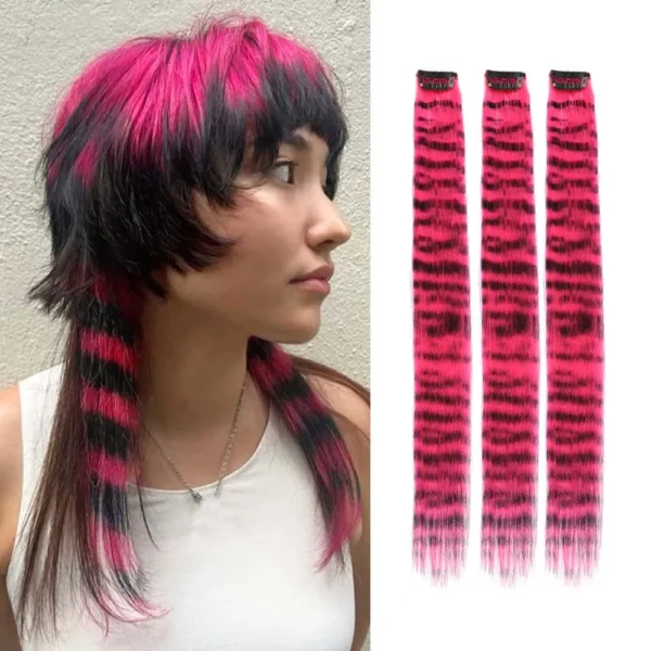 3pcs/set Stripe Printed Hair Colorful Long Straight Hair Pieces Synthetic Clip-in Hair Extensions for Daily Use Party Halloween