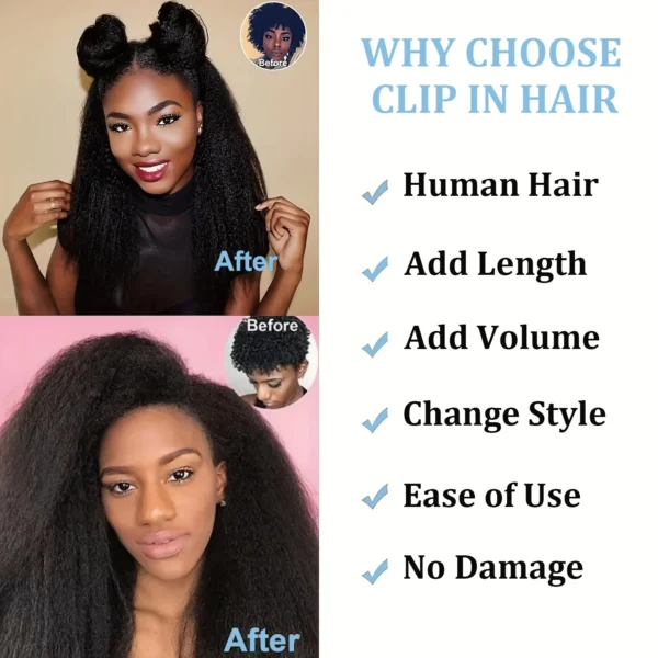 Kinky Straight Clips In Human Hair Extensions Natural Color In Brazilian 100% Remy Human Hair 120G 8Pcs/Set Full Head For Women - Image 3