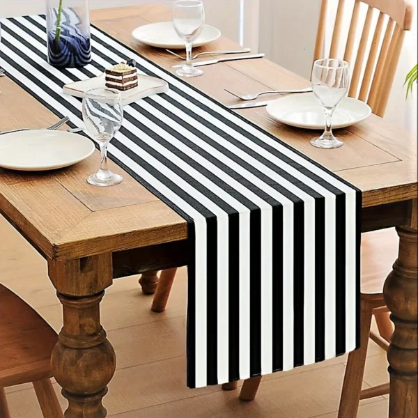 1pc Geometric Stripe Linen Table Runner, Modern Simple Black AndWhite Plaid stripe Classic Vintage Table Cloth, Home Decoration