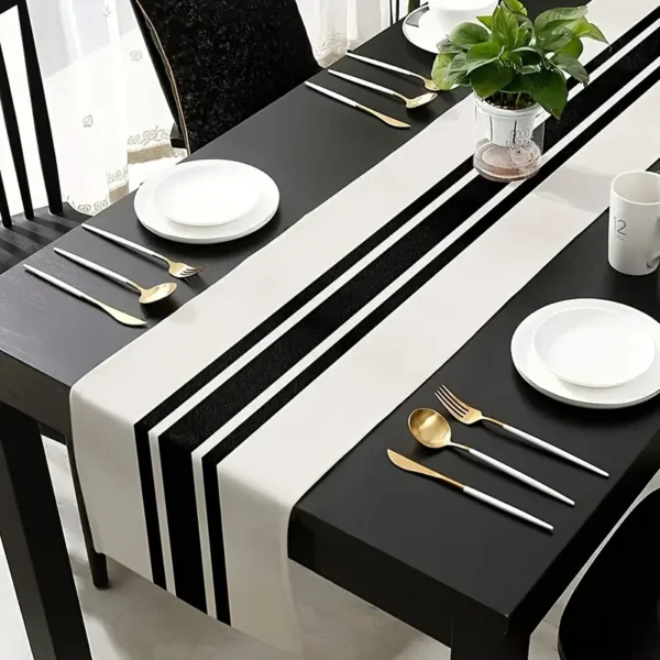 1pc Geometric Stripe Linen Table Runner, Modern Simple Black AndWhite Plaid stripe Classic Vintage Table Cloth, Home Decoration - Image 2