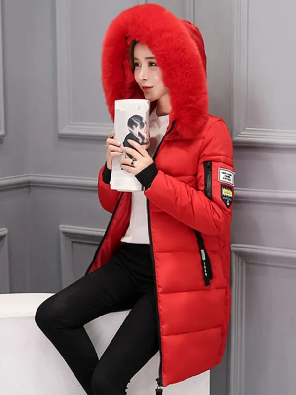 Women Winter Fur Collar Hooded Parka Fashion Letter Patch Zipper Pockets Design Long Jacket Elegant Slim Warm Thick Female Coats - Image 6