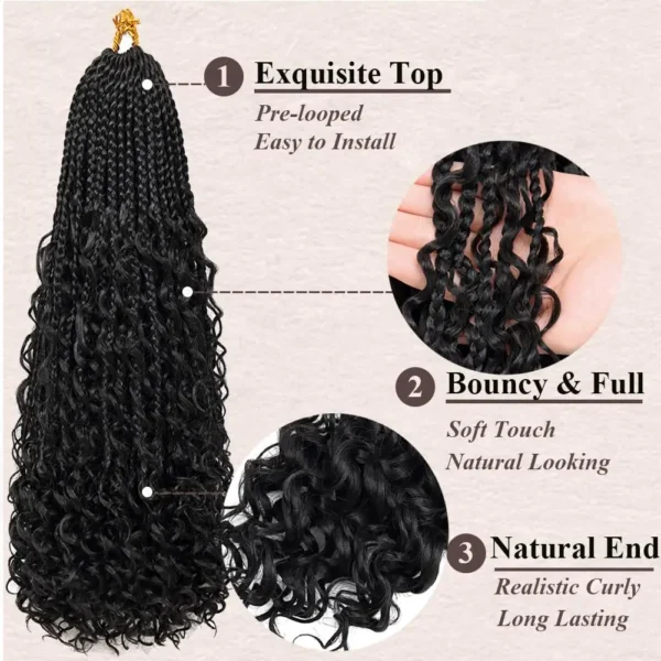 Goddess Boho Box Braids Crochet Hair With Curly Ends 1PCS Synthetic Pre Looped Crochet Box Braiding Hair Extensions for Women - Image 3