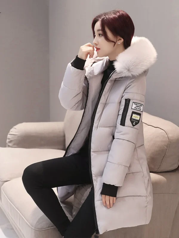 Women Winter Fur Collar Hooded Parka Fashion Letter Patch Zipper Pockets Design Long Jacket Elegant Slim Warm Thick Female Coats - Image 5