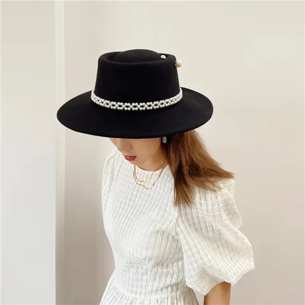 Women's Pearl Chain Fedora High Fashion with Pearl Pins Bump Cap Black White Autumen Winter Ladies Fedoras Wide Brim Girl Hat - Image 3