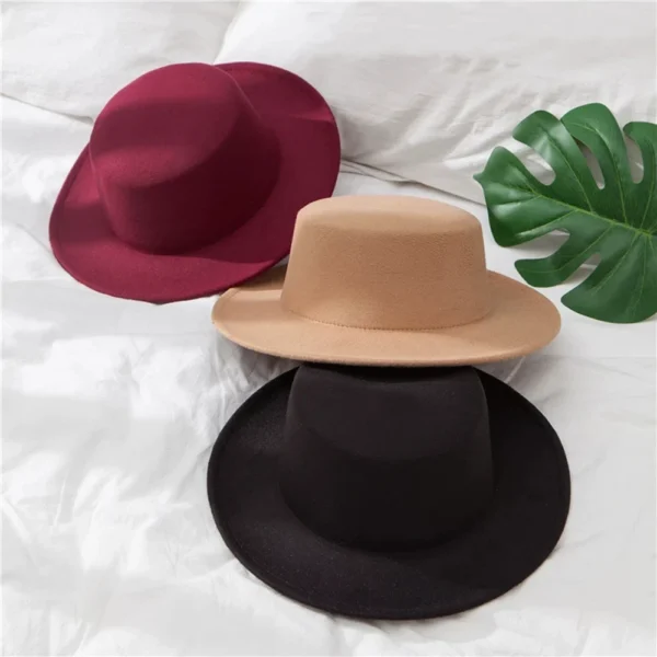 New Classic Solid Color Felt Fedoras for Men Women Artificial Wool Blend Jazz Cap Wide Brim Simple Church Derby Flat Top Hat - Image 2