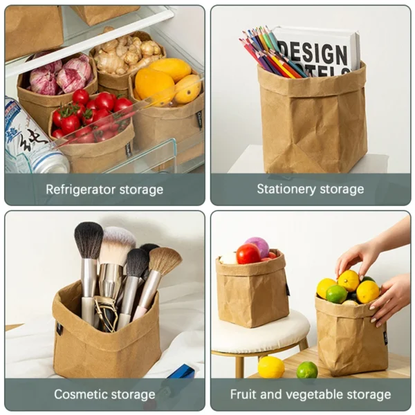 Kraft Paper Thicken Bag Washable Reusable Basket Water Oil Proof Bags Desktop Plants Organizer Fridge Storage Sack - Image 5