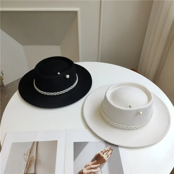 Women's Pearl Chain Fedora High Fashion with Pearl Pins Bump Cap Black White Autumen Winter Ladies Fedoras Wide Brim Girl Hat - Image 5