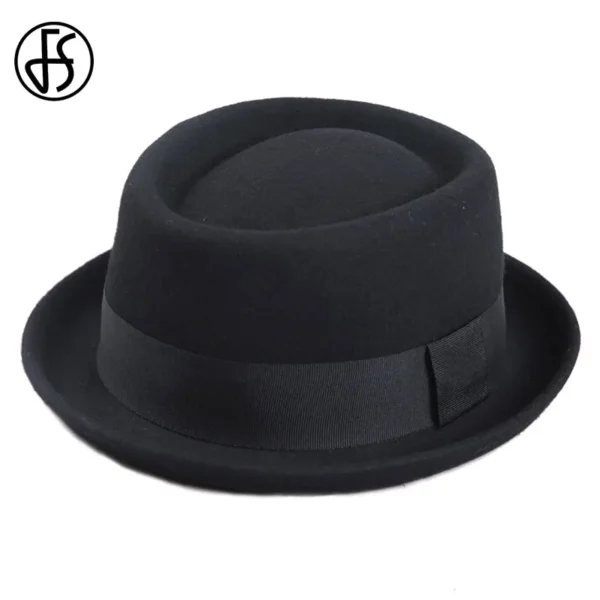 FS Vintage Pork Pie Hat Men Wide Brim Wool Felt Fedora Black Hat Mans Church Jazz Ribbon Trilby Panama Gangsters Caps Gentlemen - Image 3