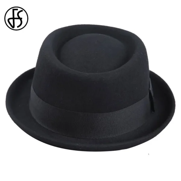 FS Vintage Pork Pie Hat Men Wide Brim Wool Felt Fedora Black Hat Mans Church Jazz Ribbon Trilby Panama Gangsters Caps Gentlemen - Image 4