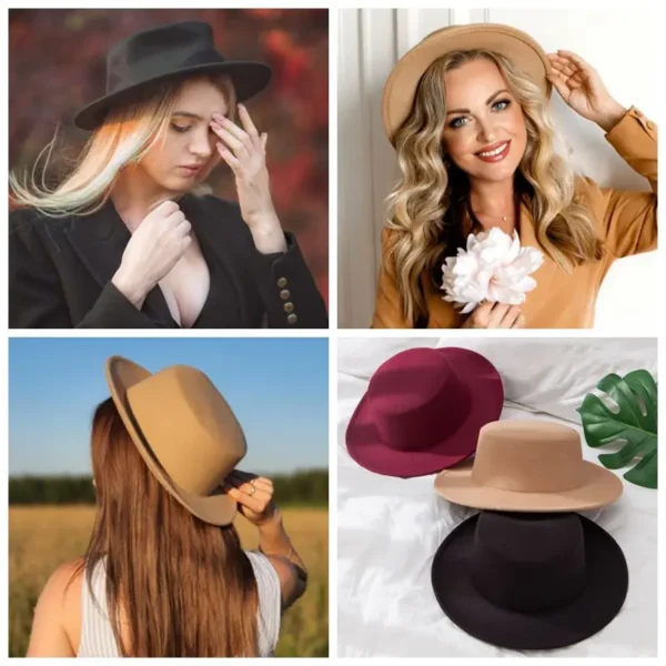 Flat Top Fedoras Hats for Women Solid Color Imitation Woolen Jazz Cap Elegant British Wide Brim Ladies Caps Bowler Hats Fedora - Image 2