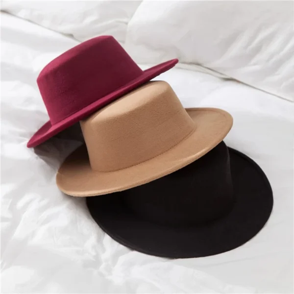 New Classic Solid Color Felt Fedoras for Men Women Artificial Wool Blend Jazz Cap Wide Brim Simple Church Derby Flat Top Hat - Image 3