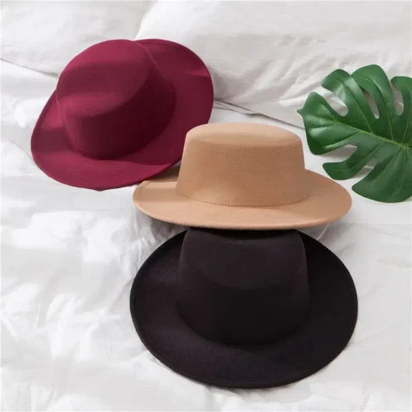 Flat Top Fedoras Hats for Women Solid Color Imitation Woolen Jazz Cap Elegant British Wide Brim Ladies Caps Bowler Hats Fedora - Image 4