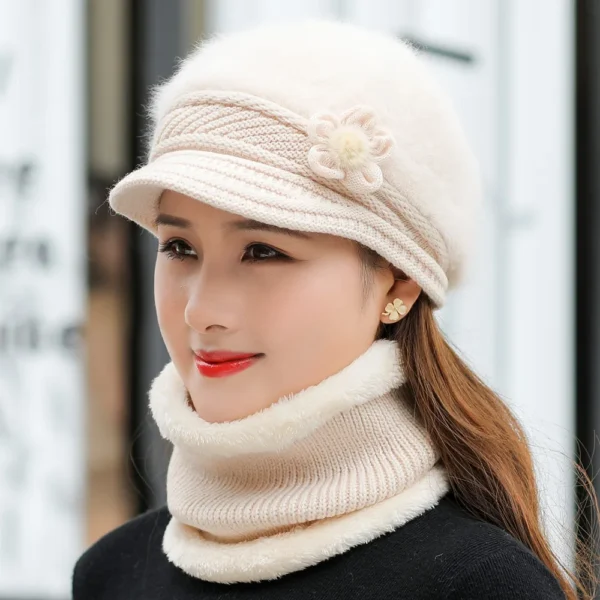 New Women Winter Hat Keep Warm Cap Add Fur Lined Hat & Scarf Warm Set Fashion Hat For Women Casual Faux Fur Flower Knitted Hat - Image 4