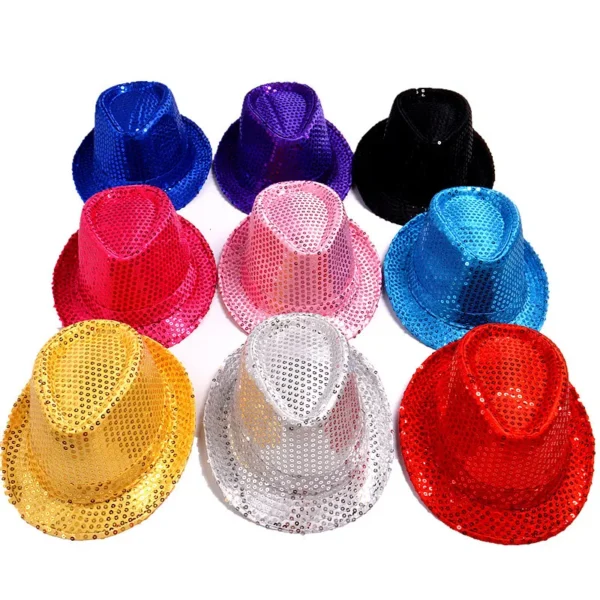 Adult  and Child Unisex Brilliant Glitter Sequins Hat Dance Fedora Hat Kid Dance Cap Solid Jazz Hat Party Glitter Costum 2size