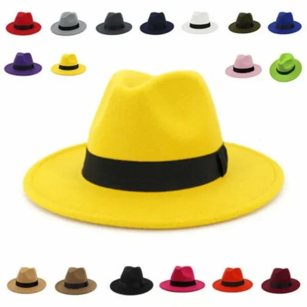 Women Winter Yellow Classic Elastic Fedora Hat Unisex Felt Jazz Hats Elegant Men Women Wide Brim Panama Trilby Cap