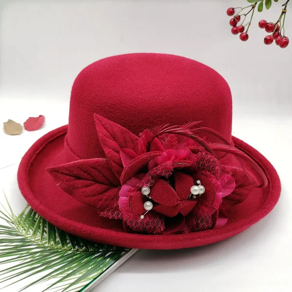 New Spring Winter Women Floral Wool Cap Hats Fedoras Stylish Western Bucket Hats Warm Female Bowler Hats - Image 3