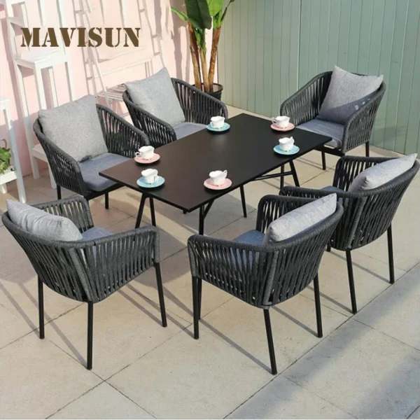 Modern Leisure Nordic Outdoor Dining Table Set For 4-6 People Patio Balcony Rattan Chair Hotel Northern Europe Furniture - Image 3