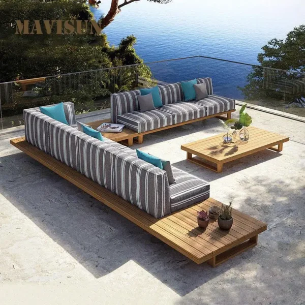 Solid Wood Outdoor Fabric Sofa Combination Big Villa Garden Furniture Nordic Style Hotel Terrace Leisure Teak Sofa Chair - Image 2