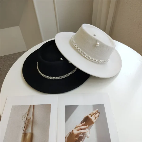 Women's Pearl Chain Fedora High Fashion with Pearl Pins Bump Cap Black White Autumen Winter Ladies Fedoras Wide Brim Girl Hat - Image 4