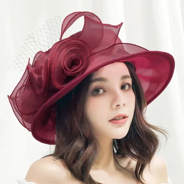 1Pc Elegant Flower Lady Hat Summer Organza Wide Brim Sunscreen Kentucky Derby Hats For Women Church Wedding Beach Sun Cap - Image 5