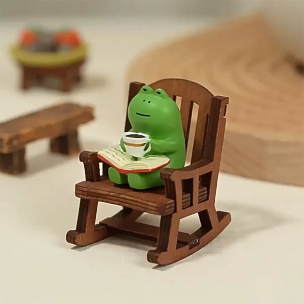 Cute Healing Small Decoration Cute Mini Frog Resin Figurine Rocking Chair Design with Book Coffee Home Bedroom Office Decoration - Image 2