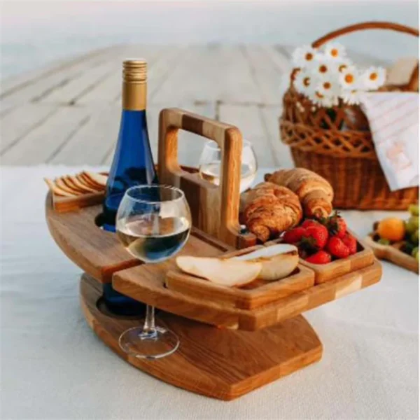 Wooden Folding Picnic Table With Glass Holder Round Foldable Desk Wine Glass Rack Collapsible Table Snack Tray Outdoor Tables - Image 5