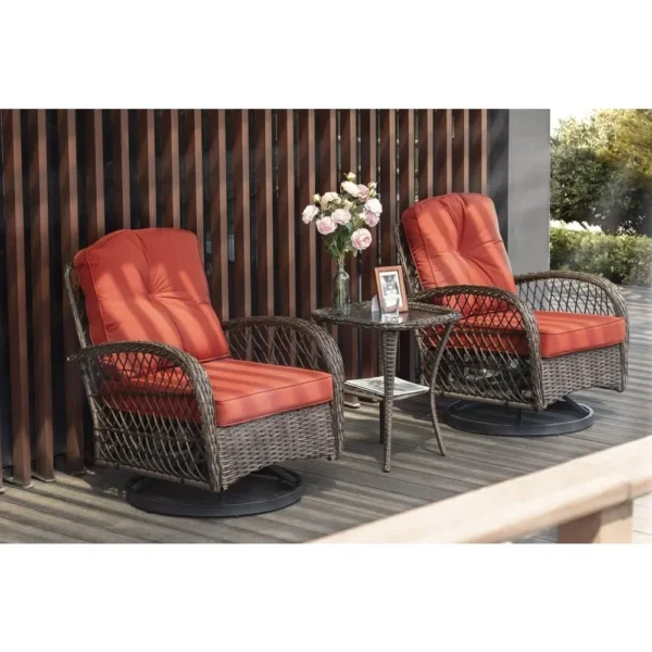 3 Pieces Patio Furniture Set, Outdoor Swivel Glider Rocker, Wicker Patio Bistro Set with Rocking Chair, Cushions