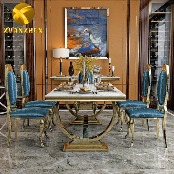 Foshan Furniture Marble Dining Table Set Restaurant Gold Metal Luxury Dining Table With 6 Chairs For Sale DT004 - Image 4