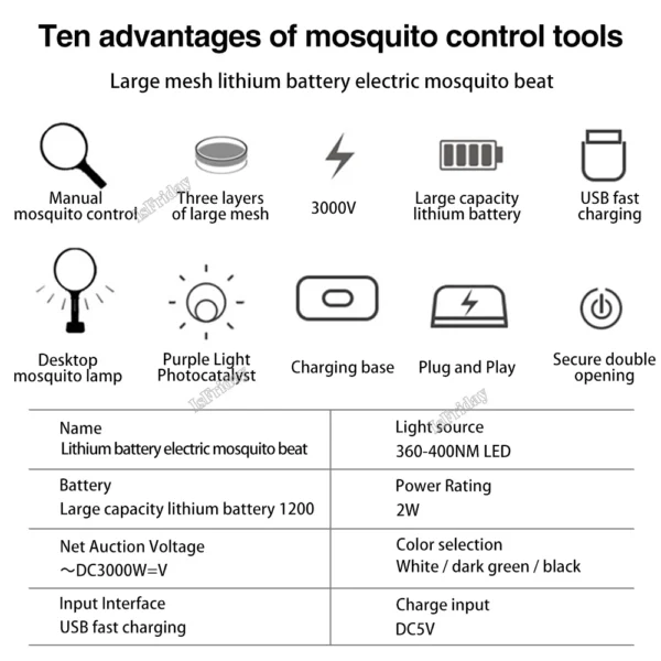 1200mAh Electric Mosquito Swatter LED Rechargeable Anti Fly Bug Zapper Killer Trap Insect Racket Pest Control Product - Image 6