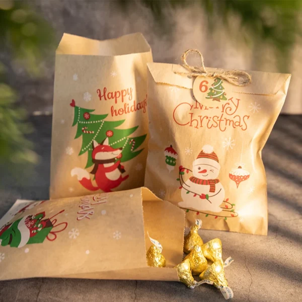 24Sets Merry Christmas Gift Bags Retro Santa Claus Fox Kraft Paper Bags with Stickers Xmas Party Favor Bags DIY Advent Calendar - Image 6