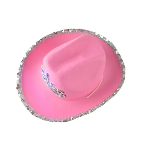 Pink Cowboy Hats for Women Girls Wide Brim Western Hats Y2K Glitter Crown Sequin Feather Caps Cowgirl Party Costume Accessories - Image 5