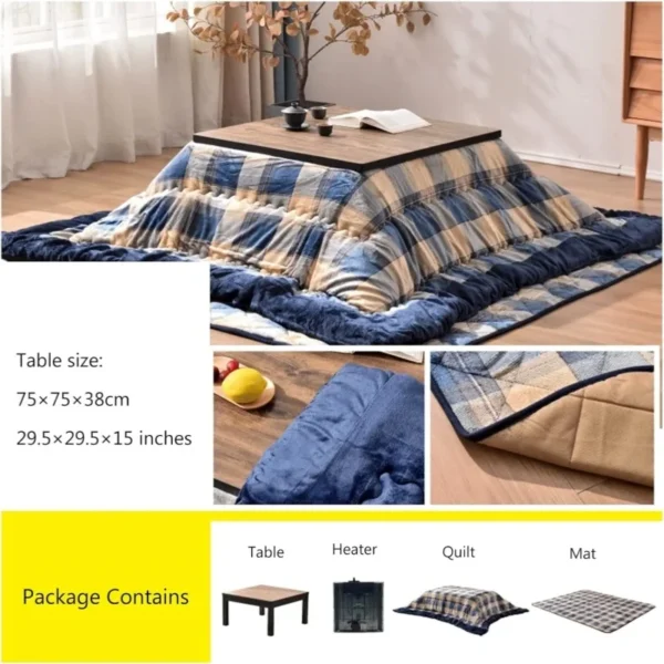 Japanese Kotatsu Table 4pcs Set – Heating Table, Quilt, Carpet &Heater for a Cozy Winter Coffee Table Household Heating