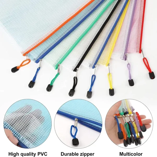 10pcs Mesh Zipper Pouch Waterproof Plastic Document Pouch Multipurpose for Travel Storage Office Appliances Home Organize Bags - Image 3