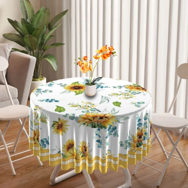 1PC Round Tablecloth with Floral Plant Waterproof Colored Dining Table Cover Multi-purpose 63 inch Sunflower Tablecloth - Image 2