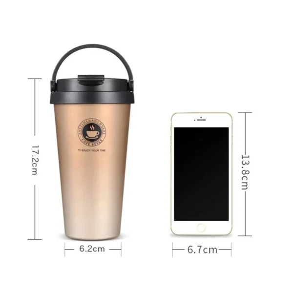 500ml Insulated Travel Coffee Cup Double Wall Leak-Proof Thermos Mug Vacuum Stainless Steel Tea Tumbler with Lid and Handle - Image 2