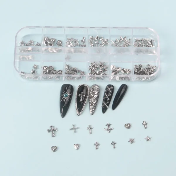 12 Grids Mixed 3D Punk Silver Heart Cross Metal Manicure Nail Decoration Retro Different Design Cross Nails Art Charms