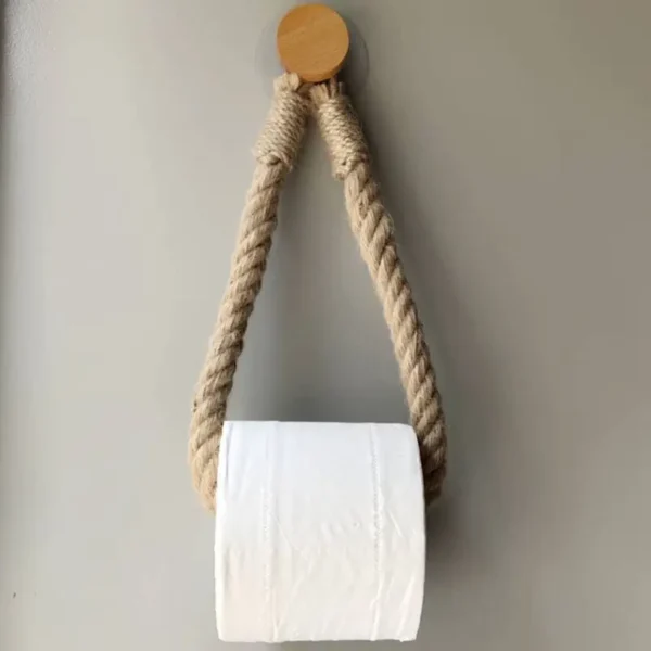 1pc Hemp Rope Tissue Holder Hole Free Wall Hanging Cotton String Hemp Rope Tissue Holder Solid Wood Roll Paper Holder - Image 2