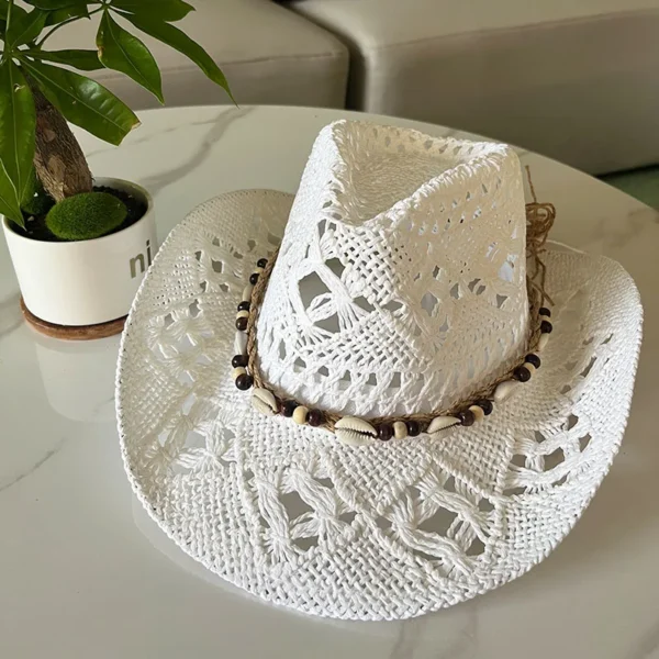 Summer Bohemian Shell Straw Hat Beach Women Men Cowboy Hats Wooden Beads Hollow Out Western Wide Brim Sun Hat Holiday Cap - Image 5