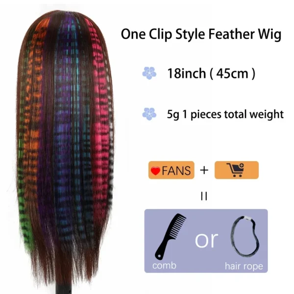 18" Synthetic Long Straight Women High Temperature Synthetic Clip In Hair Extension Hairpiece Feather Wig Blue Rose Colorful - Image 2