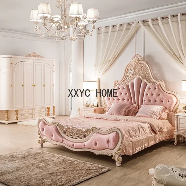 French Style Double Bed Elegant Pretty Pink Princess Bed Luxury Villa Cama Matrimonial Queen Bedroom Furniture Set - Image 3