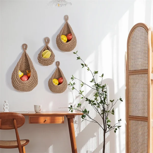 1PC Hand-woven Basket Wall Kitchen Hanging Net Pocket Cotton Rope Water Drop Fruit Vegetable Storage Basket Home Organizer Tools - Image 3