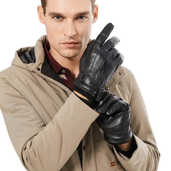 BISON DENIM Men Genuine Sheepskin Leather Gloves Autumn Winter Warm Touch Screen Full Finger Black Gloves High Quality S019 - Image 3