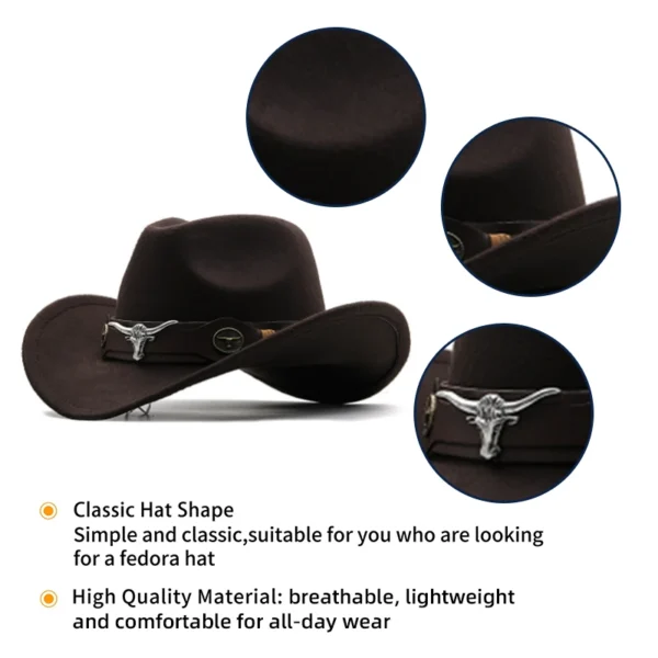 Cowboy Hat Gentleman Fedora Felt Jazz Hats New Women Roll Brim Wool Chapeu Western Sombrero Hombre Cap Cowgirl Hats Cowhead Band - Image 3