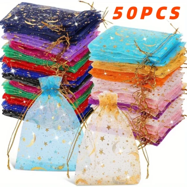 50PCS Moon Stars Drawstring Organza Bags Jewelry Gift Bags Pouches Gold Star Organza Favor Pouches for Christmas Wedding