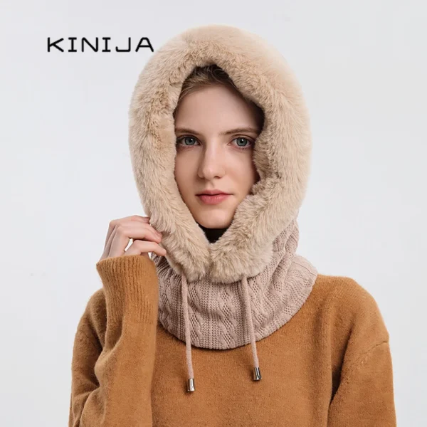 Winter Fur Cap Mask Set Hooded for Women Knitted Cashmere Neck Warm Balaclava Ski Windproof Hat Thick Plush Fluffy Beanies hood - Image 5