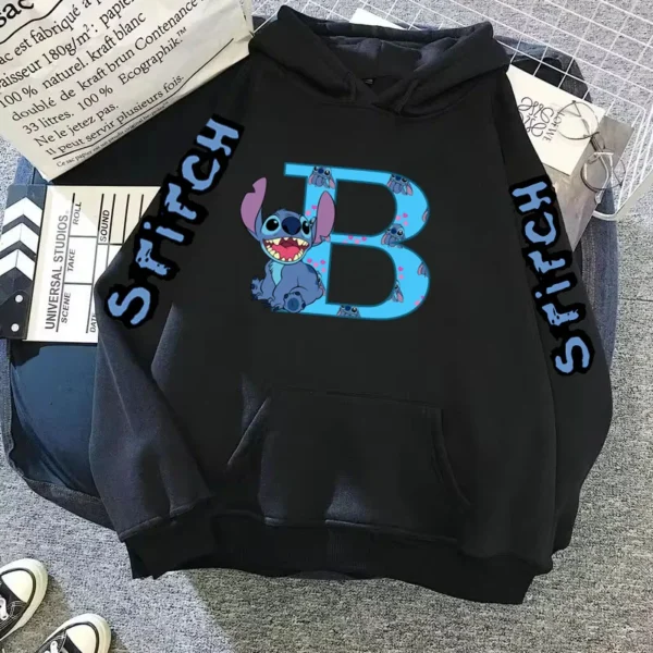 2024 Women's Winter Jacket Cute Kawaii Disney Lilo & Stitch Lucky Letter Print Black Hoodie Fashion Couple Streetwear Sportswear - Image 3