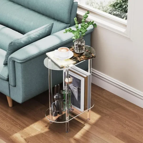 Acrylic Transparent Tea Table Sofa Side Table 2-tier Coffee Table Oval End Bedside Cabinet Nightstand for Living Room Bedroom - Image 4