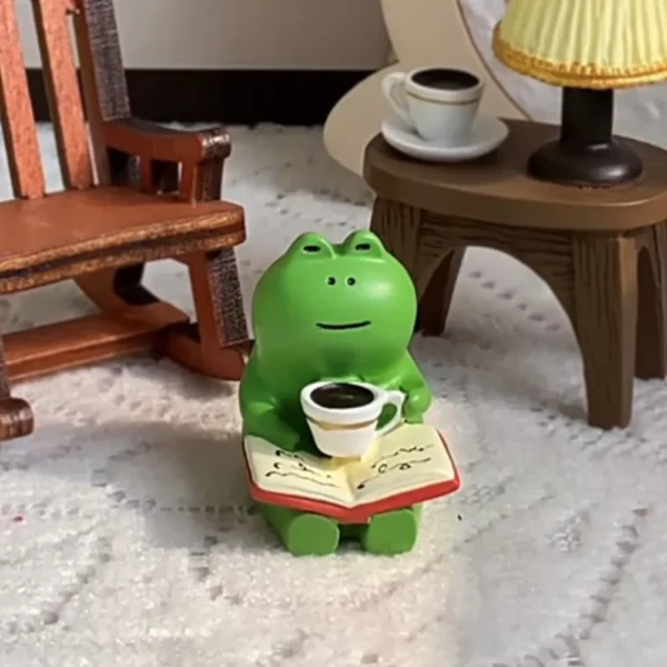 Cute Healing Small Decoration Cute Mini Frog Resin Figurine Rocking Chair Design with Book Coffee Home Bedroom Office Decoration - Image 3