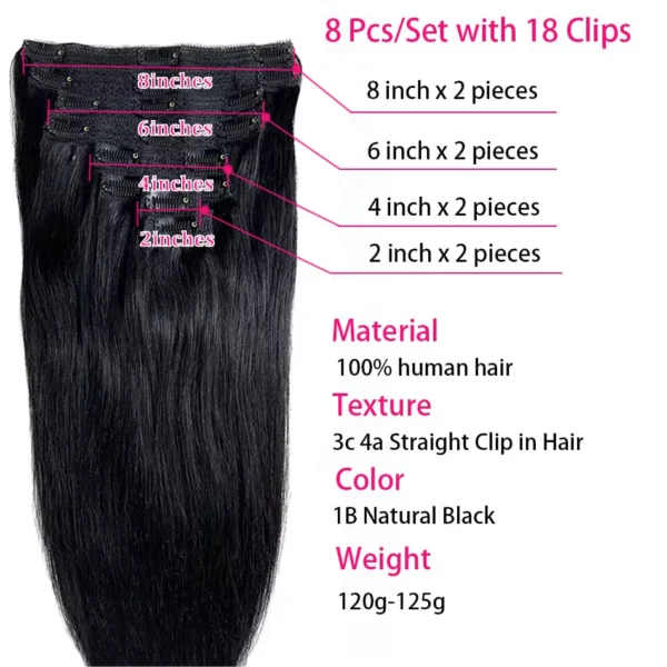 120G 8Pcs/Sets Clip In Hair Extensions Human Hair 10 to 26 Inch Brazilian Remy Straight Hair Natural Black 4 613 Color For Women - Image 2