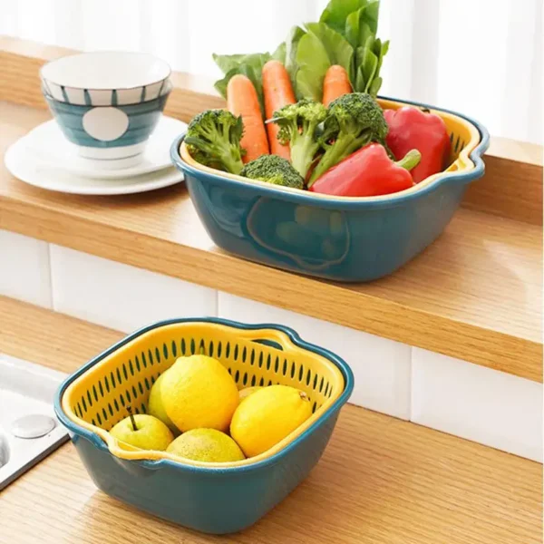 Kitchen Drain Basket 6-Piece Set Double Layered Household Vegetable Washing Basket Multifunctional Plastic Fruit Basin - Image 4